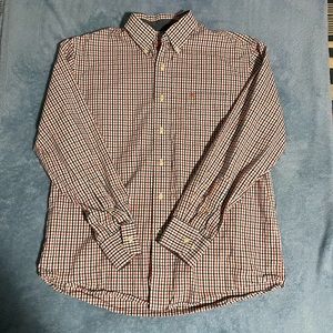 IZOD Men’s Red, White, and Blue Plaid Button Down Collared Shirt (Size - M)